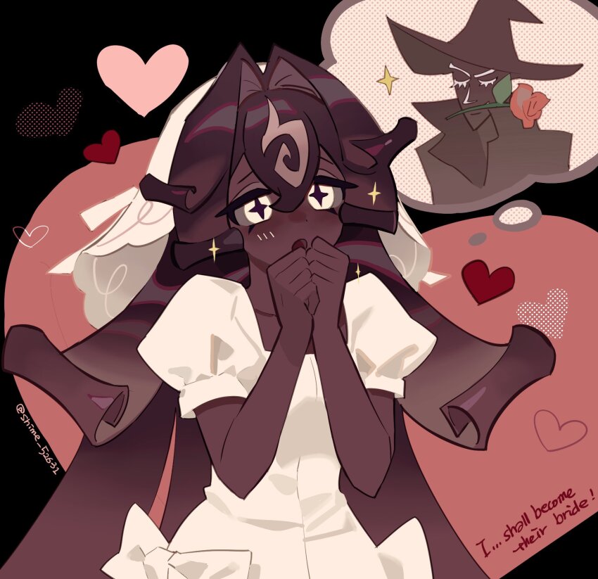 +_+ 1girl 1other :o black_background black_forest_cookie bow bridal_veil brown_hair cookie_run cookie_run:_kingdom cross-shaped_pupils dark-skinned_female dark_skin dress hair_between_eyes hair_intakes heart highres long_hair looking_at_viewer puffy_short_sleeves puffy_sleeves shime_52631 short_sleeves simple_background solo_focus sparkle standing symbol-shaped_pupils veil wedding_dress white_bow white_dress white_eyes white_veil