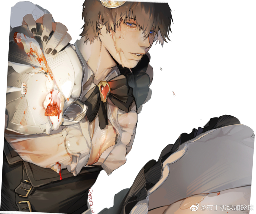 1boy adventurer_(ff14) alternate_costume bara black_nails blue_eyes brown_hair cake character_request check_character chinese_commentary clothes_lift earrings enmaided facial_hair feet_out_of_frame final_fantasy final_fantasy_xiv food food_on_face hair_between_eyes hand_on_another&#039;s_shoulder highres hyur jewelry large_pectorals looking_at_viewer maid male_focus mbdtz muscular muscular_male parted_lips pectoral_cleavage pectorals see-through_clothes short_hair skirt skirt_lift solo strawberry_shortcake stubble thighhighs torn_clothes torn_thighhighs warrior_of_light_(ff14) watermark weibo_watermark