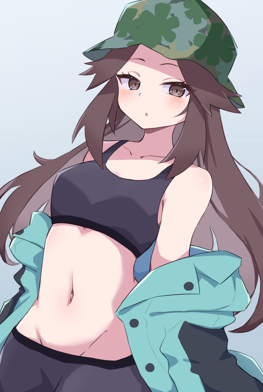 1girl :o absurdres aqua_jacket black_sports_bra breasts brown_eyes brown_hair bucket_hat collarbone crop_top eyelashes green_hat grey_background hat highres jacket leaf_(pokemon) leaf_(sygna_suit)_(pokemon) long_hair navel nintendo official_alternate_costume open_clothes open_jacket piyo_to_game pokemon pokemon_masters_ex simple_background solo sports_bra