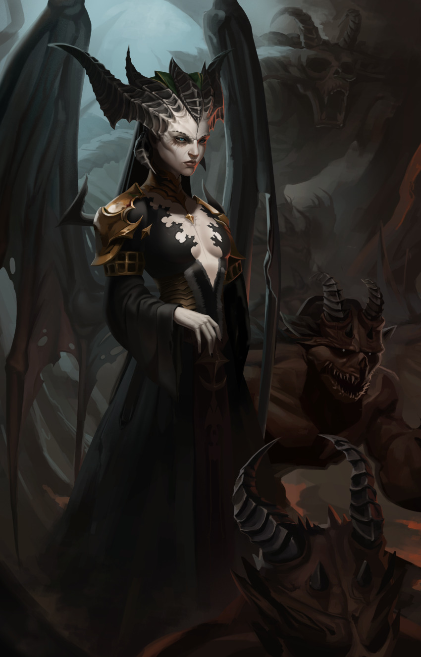 1girl 6+boys absurdres black_dress black_lips breasts cleavage dark_background demon demon_boy demon_girl demon_horns demon_wings diablo_(series) dress fingernails heterochromia highres horns lilith_(diablo) medium_breasts multiple_boys qachun sharp_fingernails wings