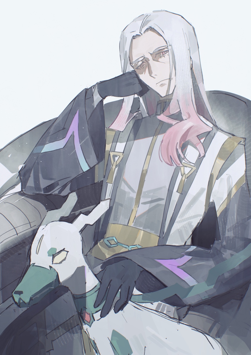 1boy absurdres alternate_color armchair black_gloves chair closed_mouth commentary_request frown gen_6_pokemon gibeon_(pokemon) gloves gradient_hair hazel_maier head_rest head_tilt highres legendary_pokemon long_hair long_sleeves male_focus multicolored_hair nintendo petting pokemon pokemon_(anime) pokemon_horizons shiny_pokemon sitting white_background zygarde zygarde_(10)