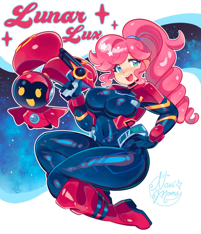 1girl absurdres black_bodysuit blue_eyes blush bodysuit boots breasts constellor full_body gun hand_on_own_hip highres holding holding_gun holding_weapon knee_boots large_breasts long_hair looking_at_viewer open_mouth original pink_hair red_boots shiny_clothes single_drill smile solo tongue weapon