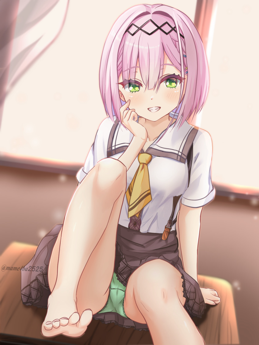 1girl :d barefoot black_hairband blush brown_skirt cameltoe collared_shirt commentary desk eyes_visible_through_hair foot_out_of_frame green_eyes green_panties grin hair_between_eyes hair_intakes hair_ornament hairband hairclip hand_up heart heart_in_eye highres indoors knee_up looking_at_viewer mame4ba2525 medium_hair naughty_face necktie on_desk open_mouth panties pink_hair school_uniform shirt short_sleeves sitting skirt smile solo straight_hair suspender_skirt suspenders symbol_in_eye tanikaze_amane tenshi_souzou_re-boot! thighs toes twitter_username underwear white_shirt yellow_necktie