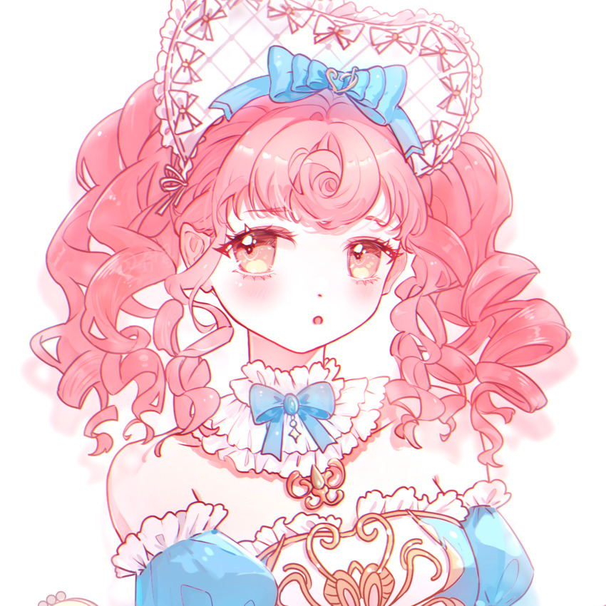 1girl :o argyle_bonnet bare_shoulders blue_bow blue_bowtie blue_dress blue_sleeves bonnet bow bowtie brown_eyes chazui_ranyi chinese_commentary classic_lolita collar commentary_request curly_hair detached_collar detached_sleeves dot_nose dress drill_hair eyelashes fortissimo frilled_collar frilled_dress frilled_headwear frilled_sleeves frills gold_necklace hair_bow hair_ornament hair_ribbon heart-shaped_bonnet highres infinity_nikki jewelry light_blush lolita_fashion long_hair motion_blur multiple_hat_bows musical_note musical_note_hair_ornament necklace nikki_(series) notice_lines open_mouth orange_hair puffy_short_sleeves puffy_sleeves ribbon ribbon-trimmed_headwear ribbon_trim short_sleeves simple_background solo strapless strapless_dress timeless_melody_(infinity_nikki) twintails two-tone_dress upper_body white_background white_bonnet white_bow white_collar white_dress white_ribbon winding_key