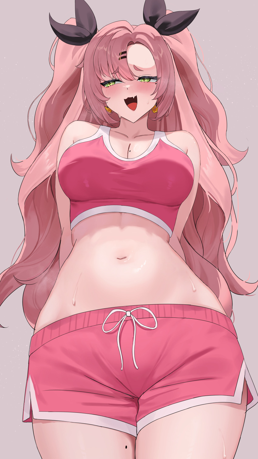 1girl :d absurdres alternate_costume arms_behind_back averting_eyes breasts cleavage earrings fang green_eyes hair_ornament hairclip heart heart_earrings highres jewelry large_breasts long_hair mole mole_on_breast mole_on_thigh mole_under_eye navel nicole_demara open_mouth pink_sports_bra short_shorts shorts smile solo sports_bra sweat two_side_up very_long_hair wavy_hair zcri zenless_zone_zero