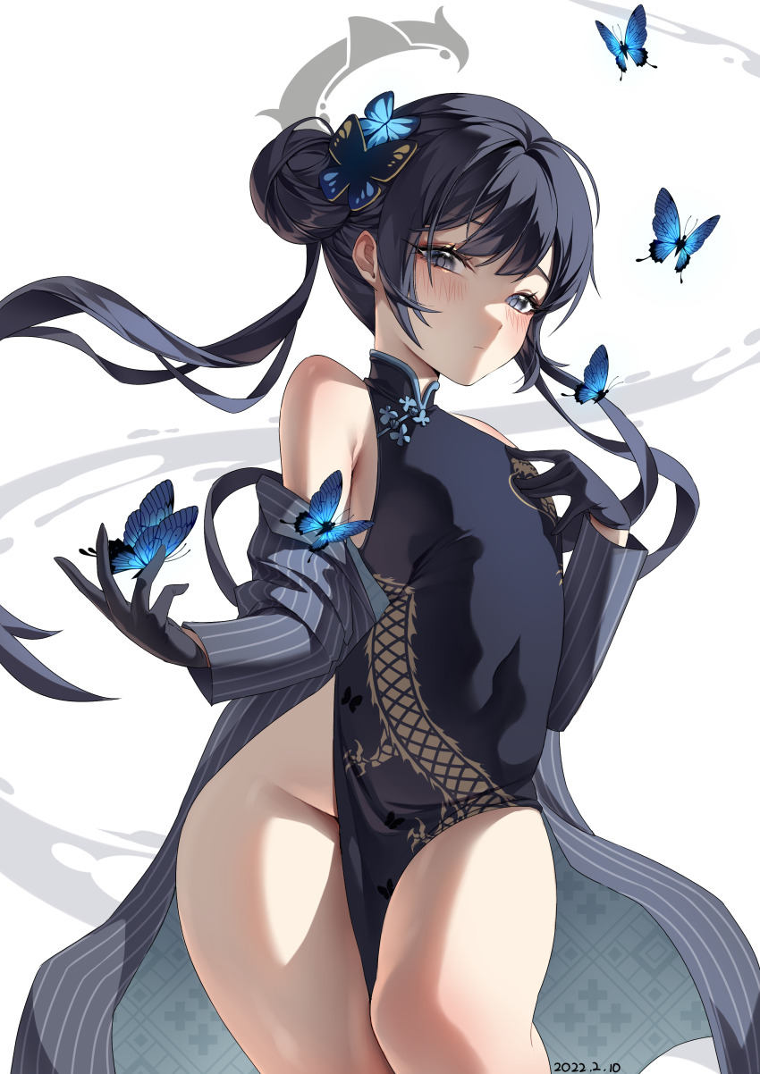 1girl absurdres bare_shoulders black_dress black_gloves black_hair blue_archive blue_butterfly blue_eyes bug butterfly butterfly_hair_ornament china_dress chinese_clothes closed_mouth covered_navel dragon_print dress flat_chest floating_hair gloves grey_jacket hair_bun hair_ornament halo hand_on_own_chest hand_up highres insect jacket kisaki_(blue_archive) long_hair long_sleeves looking_at_viewer no_panties off_shoulder open_clothes open_jacket pelvic_curtain pinstripe_pattern print_dress sleeveless sleeveless_dress solo striped_clothes striped_jacket tacco_(tikeworld) thighs twintails