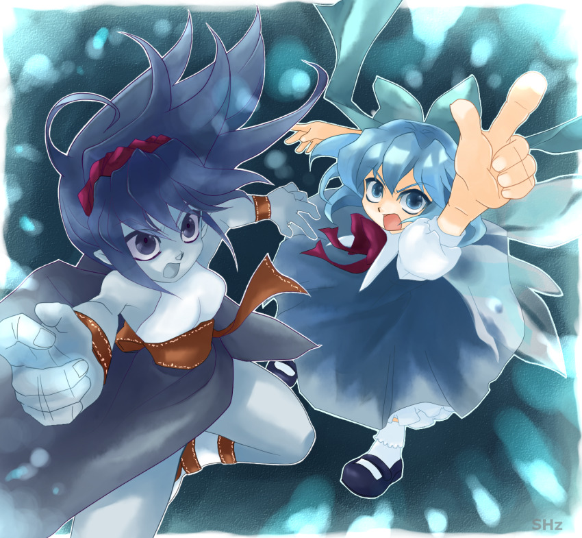 2girls angry black_shoes blue_bow blue_dress blue_eyes blue_hair blue_skin bow celsius_(tales) cirno colored_skin crossover dress hair_bow highres ice ice_wings imminent_attack long_hair looking_at_viewer m.u.g.e.n multiple_girls nakano_su open_mouth power_connection puffy_short_sleeves puffy_sleeves red_ribbon ribbon shoes short_hair short_sleeves tales_of_(series) tales_of_eternia touhou trait_connection waist_ribbon wings wristband