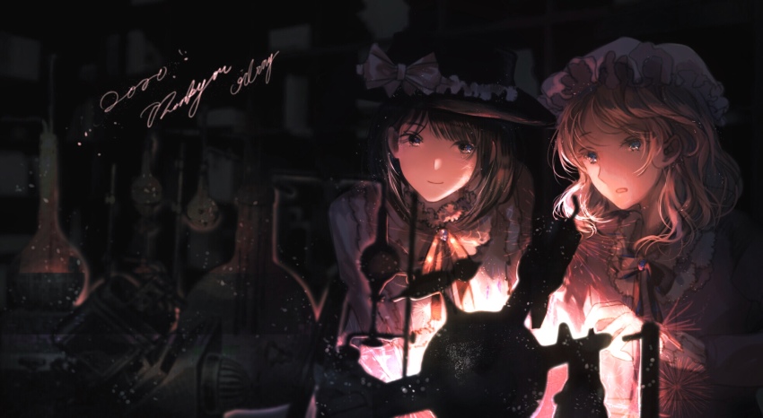 2girls black_bow black_bowtie black_headwear blonde_hair blue_eyes blunt_bangs bow bowtie brown_hair chemistry_set closed_mouth commentary dress fedora flask frilled_sleeves frills glowing hat hat_bow highres long_sleeves looking_at_another looking_at_object maribel_hearn medium_hair mob_cap multiple_girls neckerchief parted_lips purple_dress red_neckerchief reiboubyou shirt short_hair smile touhou upper_body usami_renko wavy_hair white_bow white_headwear white_shirt
