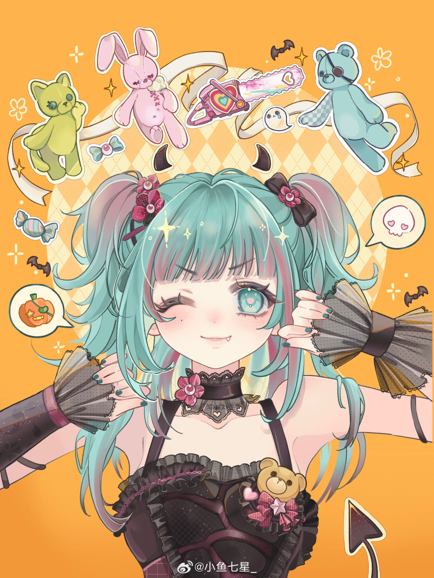 1girl absurdres aqua_eyes aqua_hair aqua_nails arm_ribbon bare_shoulders bat_(animal) bear_brooch black_bow black_choker black_dress black_horns black_ribbon black_tail black_wrist_cuffs bow chainsaw character_request chinese_commentary choker circle closed_mouth collarbone commentary_request demon_horns demon_tail detached_horns dress eye_hair_ornament eyelashes fang fang_out flower flower_choker frilled_choker frilled_dress frilled_wrist_cuffs frills ghost hair_bow hair_flower hair_ornament highres horns jack-o&#039;-lantern light_blush lips long_hair looking_at_viewer mole mole_under_eye multicolored_hair nail_polish neck_flower nikki_(series) one_eye_closed orange_background pink_flower pink_hair pink_lips ribbon shining_nikki sidelocks sleeveless sleeveless_dress smile solo sparkle spoken_object spoken_skull straight-on streaked_hair stuffed_animal stuffed_cat stuffed_rabbit stuffed_toy tail tareme teddy_bear two_side_up upper_body wrist_cuffs x_hair_ornament xiaoyu_qixing
