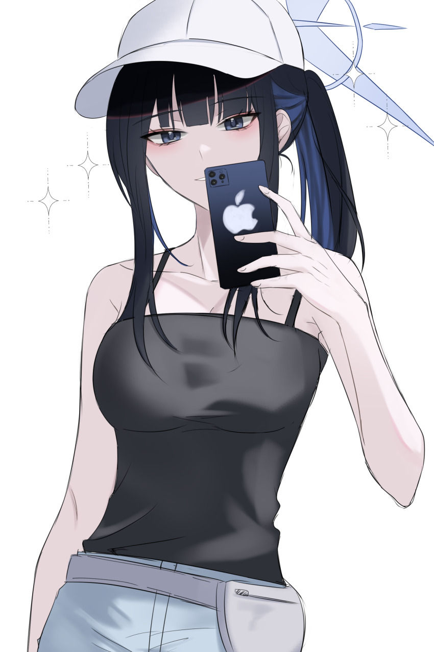 1girl absurdres apple_inc. baseball_cap black_camisole blue_archive blue_halo camisole cellphone colored_inner_hair denim grey_shorts halo hat highres iphone mirror_selfie multicolored_hair official_alternate_costume phone pmang saori_(blue_archive) saori_(swimsuit)_(blue_archive) shorts smartphone solo white_hat