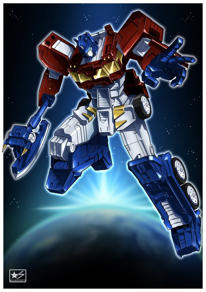 1boy absurdres autobot axe blue_eyes character_request copyright_request highres holding holding_axe holding_weapon insignia looking_at_viewer mecha no_humans optimus_prime optimus_prime_(wild_king) robot samhoshi7 science_fiction solo transformers transformers_wild_king weapon