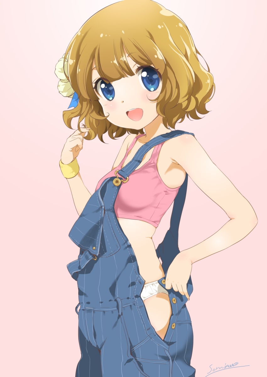 1girl artist_name blue_eyes bob_cut breasts brown_hair character_name commentary_request cowboy_shot flower gradient_background hair_flower hair_ornament hand_in_own_hair highres idolmaster idolmaster_million_live! inoue_sora light_blush looking_at_viewer open_clothes open_mouth overalls panties panty_peek parted_lips pink_sports_bra revision short_hair signature small_breasts smile solo sports_bra standing strap_slip suou_momoko underwear white_panties wristband
