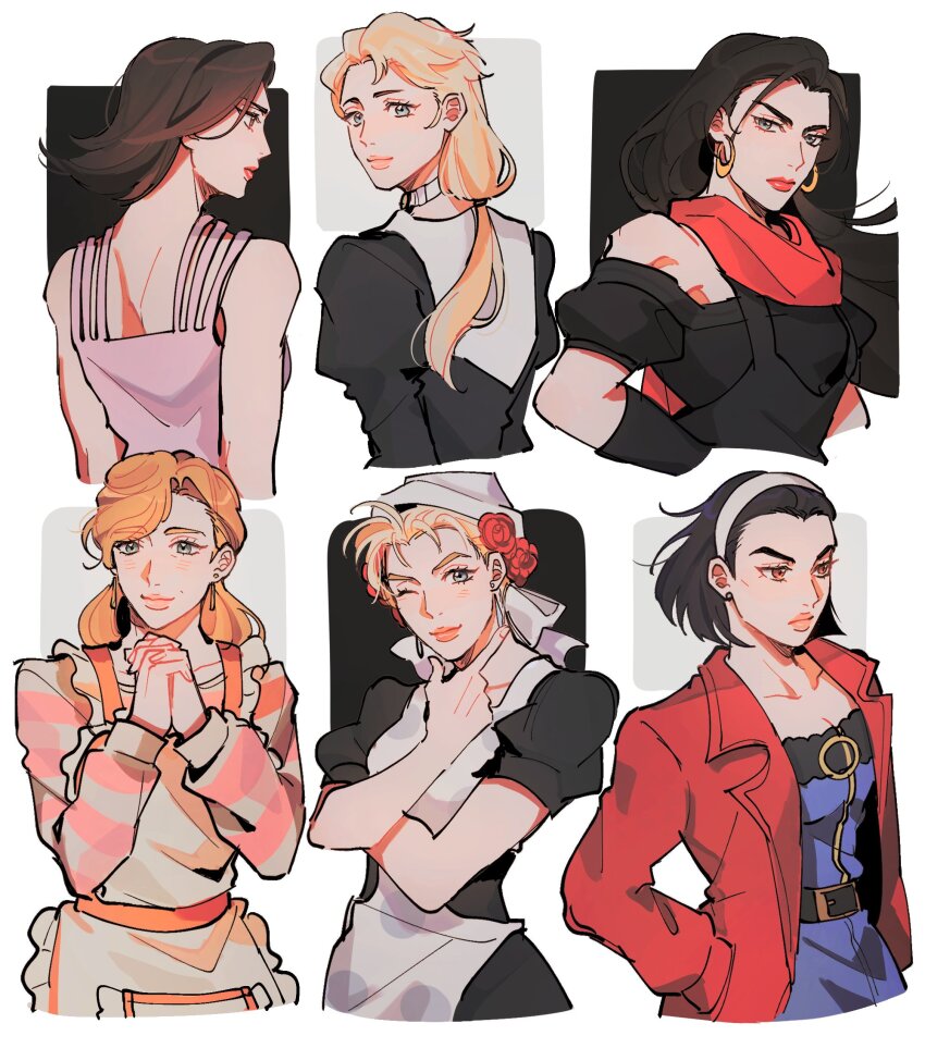 6+girls apron bandana battle_tendency belt blonde_hair blue_dress blue_eyes breasts brown_eyes brown_hair choker cleavage closed_mouth coat collarbone commentary diamond_wa_kudakenai dress earrings elbow_gloves english_commentary erina_pendleton flower gloves hair_flower hair_ornament hairband hand_in_pocket hand_up higashikata_tomoko highres hoop_earrings interlocked_fingers jewelry jojo_no_kimyou_na_bouken kuujou_holly large_breasts lisa_lisa long_hair long_sleeves looking_at_viewer looking_to_the_side mature_female medium_hair mrs._kuujou multiple_girls off-shoulder_dress off_shoulder one_eye_closed own_hands_together phantom_blood pink_lips polka_dot puffy_short_sleeves puffy_sleeves purple_hair red_coat red_scarf scarf seirorath short_sleeves smile stardust_crusaders stone_ocean suzi_q upper_body