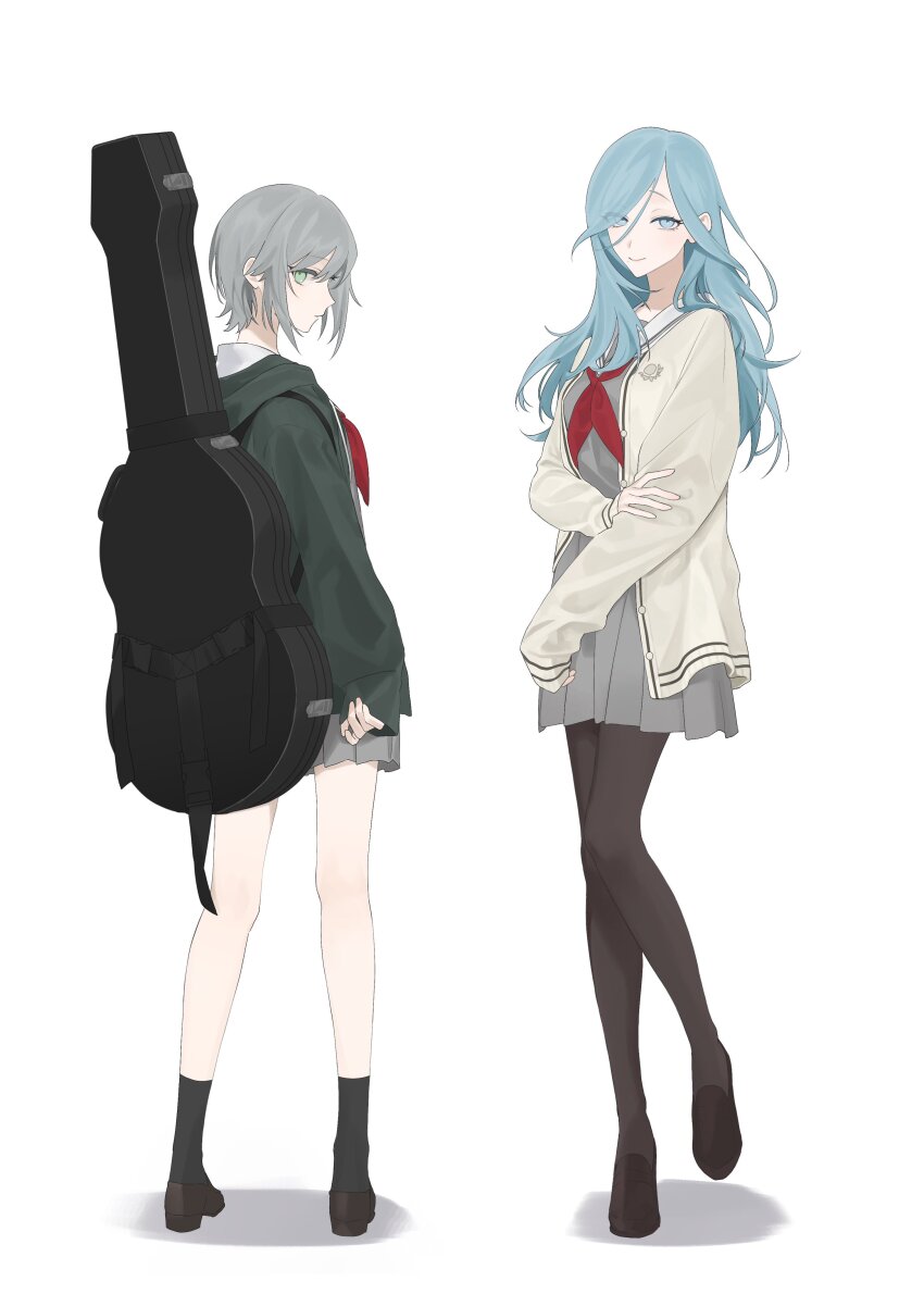 2girls absurdres ankle_socks arms_at_sides bare_legs black_socks blue_eyes blue_hair brown_pantyhose brown_shoes cardigan commentary eyes_visible_through_hair from_behind full_body green_eyes green_jacket grey_hair grey_serafuku grey_shirt grey_skirt guitar_case hair_between_eyes hair_over_one_eye hair_over_shoulder hand_on_own_arm highres hinomori_shiho hinomori_shizuku hood hood_down hooded_jacket instrument_case instrument_case_on_back jacket knees_together_feet_apart legs_apart loafers long_hair long_sleeves looking_at_viewer looking_back miniskirt miyamasuzaka_girls&#039;_academy_school_uniform multiple_girls neckerchief open_cardigan open_clothes pantyhose pleated_skirt profile project_sekai puffy_long_sleeves puffy_sleeves red_neckerchief sa_tsuko sailor_collar school_uniform serafuku shadow shirt shoes short_hair siblings simple_background sisters skirt sleeves_past_wrists socks standing standing_on_one_leg symbol-only_commentary wavy_hair white_background white_sailor_collar yellow_cardigan