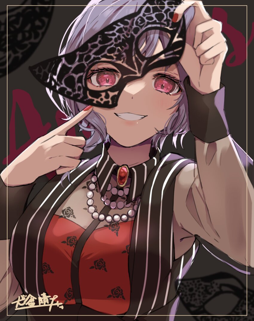 1girl absurdres amoris_(bang_dream!) bang_dream! bang_dream!_it&#039;s_mygo!!!!! bead_necklace beads clenched_teeth commentary grey_background highres holding holding_mask i_haru_illust inset_border jewelry long_sleeves mask necklace open_mouth pink_eyes pointing pointing_at_self purple_hair red_brooch short_hair solo teeth upper_body yuutenji_nyamu
