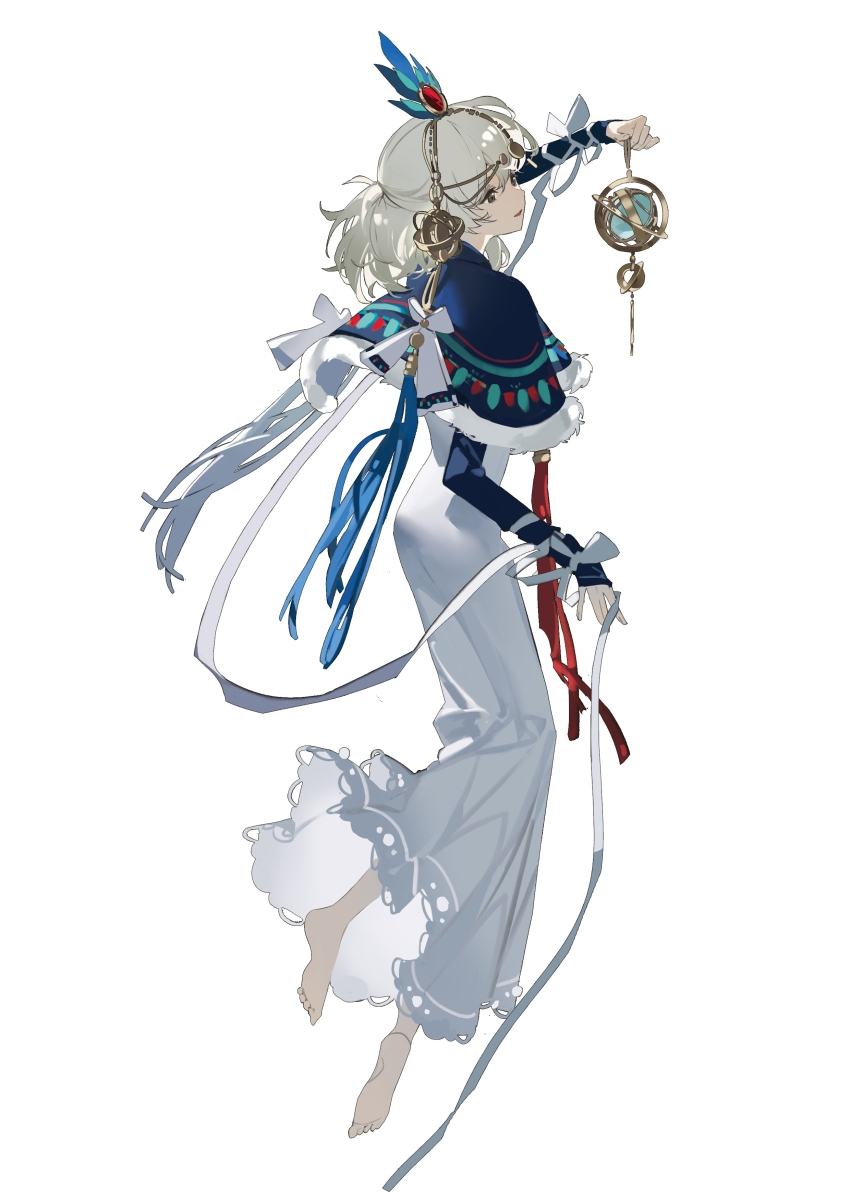 1girl absurdres arm_up barefoot black_eyes blonde_hair blue_capelet blue_sleeves capelet celestial_globe dress feathers from_side full_body fur-trimmed_capelet fur_trim half_updo headpiece highres holding long_dress long_sleeves medium_hair original pencil_dress plantar_flexion ribbon simple_background smile soles solo tassel white_background white_dress white_ribbon zhizhicyzey
