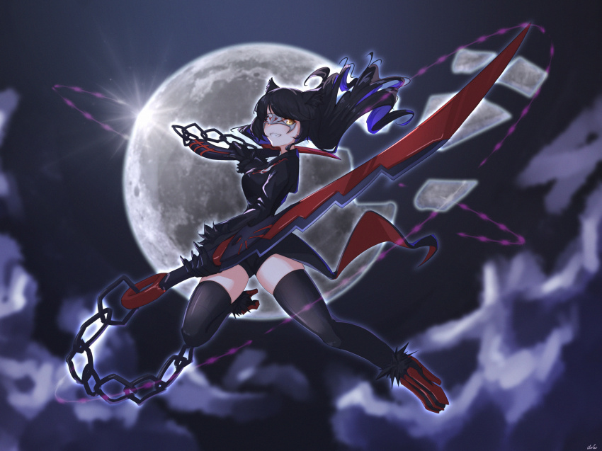 1girl absurdres animal_ears black_hair blake_belladonna breasts broken_moon cat_ears cleaver clotho_matcha dual_wielding gambol_shroud highres holding holding_sword holding_weapon kusarigama long_hair looking_at_viewer medium_breasts moon pantyhose rwby rwby_ice_queendom sickle smile solo sword weapon yellow_eyes