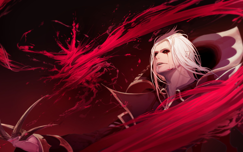 1boy absurdres blood blood_on_face bloodshot_eyes bloody_tears claws colored_sclera gradient_background hemokinesis highres league_of_legends male_focus medium_hair mieyuckman open_mouth orange_eyes red_sclera solo vladimir_(league_of_legends) white_hair