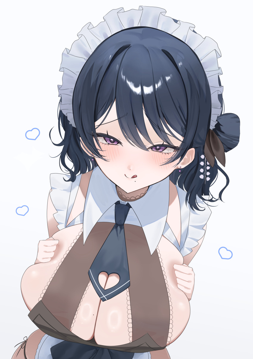 1girl :q absurdres black_hair black_necktie blush breasts breasts_squeezed_together cleavage clothing_cutout collar commission earrings gvmmr heart heart_cutout highres indie_virtual_youtuber jewelry large_breasts maid_headdress mole mole_on_breast mole_under_mouth necktie panties panty_straps purple_eyes side-tie_panties skeb_commission solo tokiai_misao tongue tongue_out underwear virtual_youtuber white_background white_collar