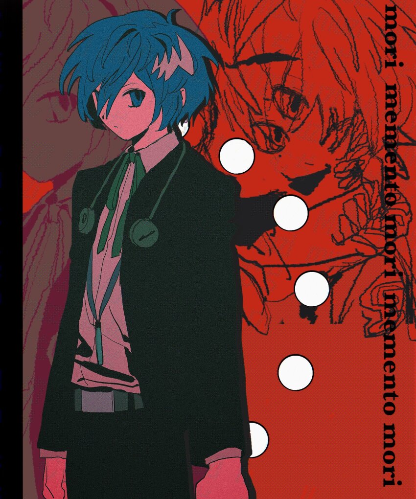 1boy blue_eyes blue_hair closed_mouth collared_shirt digital_media_player earphones gekkoukan_high_school_uniform glitch highres jacket long_sleeves male_focus neck_ribbon open_clothes open_jacket pants persona persona_3 ribbon school_uniform shirt simple_background solo tami_tome_mo white_shirt yuuki_makoto_(persona_3) zoom_layer