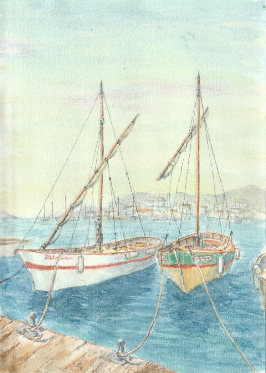 absurdres boat commentary_request day dock harbor highres italy no_humans ocean original outdoors painting_(medium) paruperu real_world_location sailboat scenery sky traditional_media water watercolor_(medium) watercraft