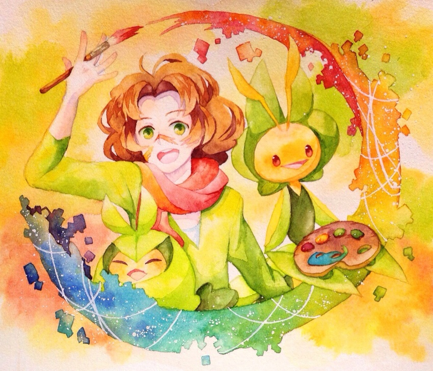 1boy :d aoya_(ayoyame18) arm_up artist_painter brown_hair burgh_(pokemon) commentary_request creatures_(company) game_freak gen_5_pokemon green_eyes green_shirt gym_leader holding holding_paintbrush leavanny male_focus medium_hair nintendo open_mouth paintbrush paint_palette pokemon pokemon_(creature) pokemon_bw scarf shirt smile swadloon teeth tongue upper_teeth_only v-neck