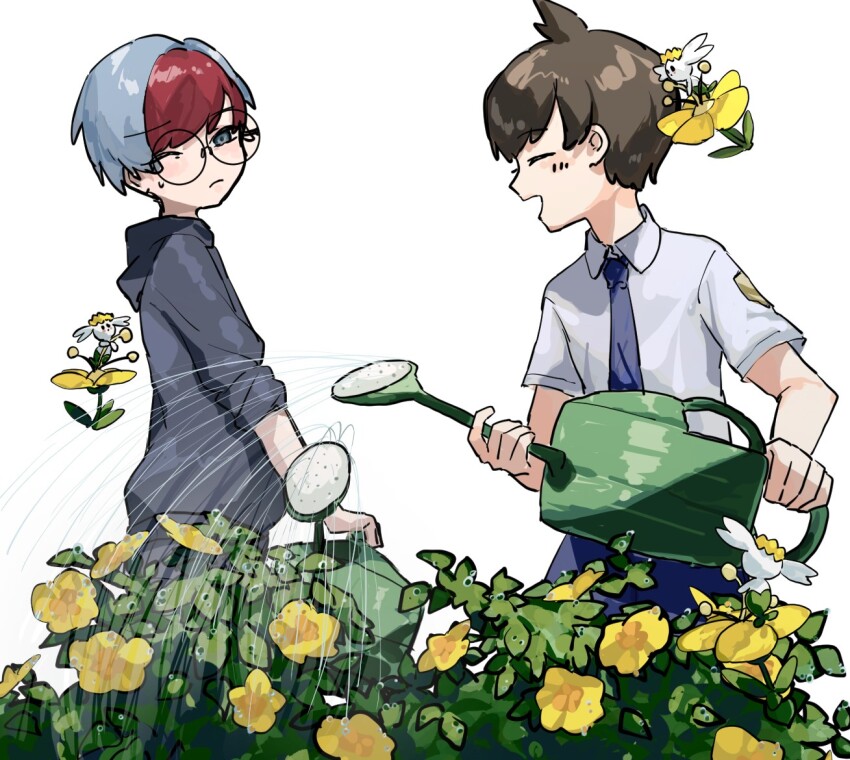 1boy 1girl blue_hair brown_hair closed_mouth collared_shirt flabebe flabebe_(yellow_flower) florian_(pokemon) flower gen_6_pokemon glasses grey_eyes holding holding_watering_can hood hoodie multicolored_hair necktie nintendo open_mouth penny_(pokemon) pokemon pokemon_(creature) pokemon_sv purple_necktie red_hair round_eyewear school_uniform shirt short_hair smile two-tone_hair uva_academy_school_uniform watering watering_can yellow_flower zui_fz