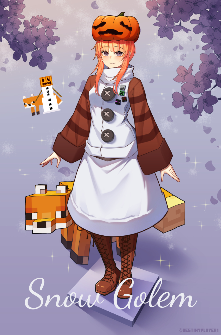 1girl :3 absurdres animal blush boots buttons character_name commentary creeper destinyplayer1 enderman english_commentary flower fox fox_(minecraft) full_body high_collar highres jack-o&#039;-lantern lace-up_boots long_hair long_sleeves looking_at_viewer minecraft mob_talker orange_hair personification petals pumpkin pumpkin_hat purple_eyes skeleton_(minecraft) skirt smile snow_golem_(minecraft) solo sparkle spider_(minecraft) striped_sleeves