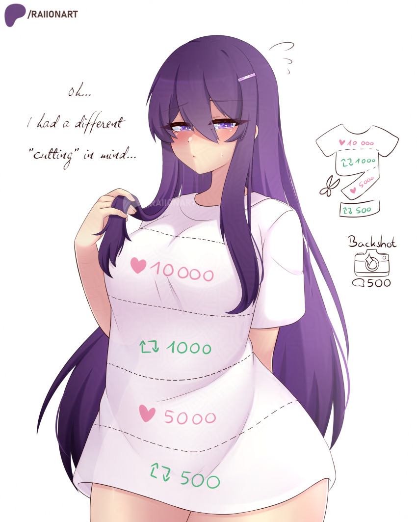1girl absurdres artist_name blush bottomless breasts camera cut-here_line doki_doki_literature_club english_text eyelashes flying_sweatdrops hair_ornament hairclip highres holding holding_own_hair large_breasts like_and_retweet long_hair misunderstanding patreon_logo patreon_username purple_eyes purple_hair raion_(raionart) scissors shirt short_sleeves simple_background twitter_cutting_game white_background white_shirt yuri_(doki_doki_literature_club)
