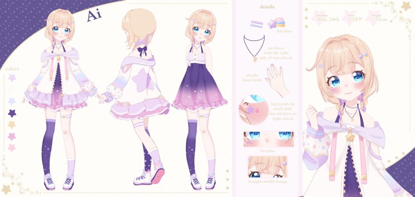1girl ai_hoshigami asymmetrical_legwear bare_shoulders blonde_hair blue_eyes blunt_bangs blush color_guide double-parted_bangs dress freckles hair_ornament hairclip halterneck highres hoshigamitwins hoshigamitwins_(artists) jewelry necklace off-shoulder_jacket off_shoulder reference_sheet shoes single_thighhigh smile solo star_sticker thighhighs virtual_youtuber white_shoes