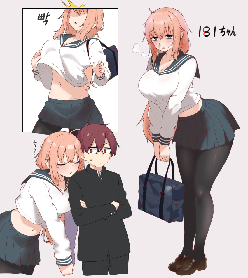 1boy 1girl ahoge alternate_height amogan bag bags_under_eyes bandages black_pantyhose blood blue_eyes blue_skirt blush breasts breath brown_footwear brown_hair cleavage closed_eyes collarbone commentary_request crossed_arms gakuran glasses grey_background hair_between_eyes hands_up head_on_another&#039;s_shoulder highres holding holding_bag jacket large_breasts leaning_forward leaning_on_person long_hair looking_at_another looking_to_the_side michinoku_komaro midriff mizunoe_ume multiple_views nosebleed pantyhose parted_lips pink_hair pleated_skirt red_eyes sailor_collar school_bag school_uniform seitokai_ni_mo_ana_wa_aru! serafuku shirt shoes short_hair sidelocks simple_background skirt sleepy standing surprised sweatdrop translation_request white_shirt