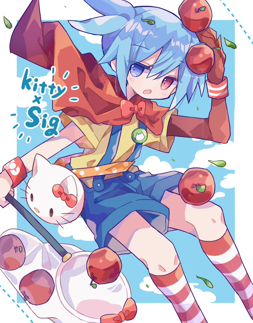 1boy :o absurdres apple arm_up blue_background blue_eyes blue_hair blue_shorts blush border bow bowtie cape commentary_request feet_out_of_frame food fruit futaba969649 hair_between_eyes hello_kitty hello_kitty_(character) heterochromia highres kneehighs male_focus open_mouth outside_border puyopuyo red_bow red_bowtie red_cape red_eyes red_socks sanrio shirt short_hair short_sleeves shorts sig_(puyopuyo) socks striped_clothes striped_socks suspender_shorts suspenders white_border yellow_shirt