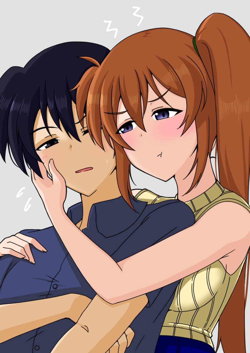 1boy 1girl black_hair blue_eyes blush breasts brown_hair chrono_harlaown closed_mouth grey_eyes hand_on_another&#039;s_face hetero highres kunisaki-air large_breasts long_hair lyrical_nanoha mahou_shoujo_lyrical_nanoha_strikers open_mouth pout side_ponytail simple_background sweater takamachi_nanoha upper_body white_background