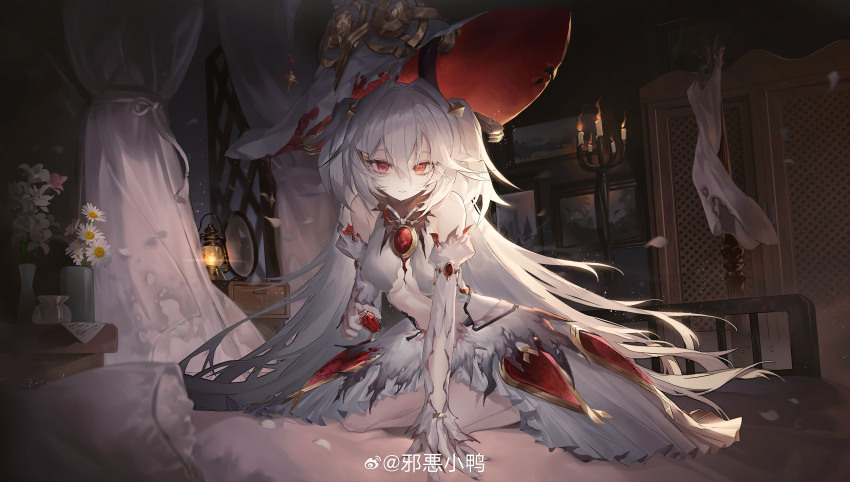1girl absurdres alchemy_stars arm_support bare_shoulders bedroom bottle breasts candle candlestand clothing_cutout curtains detached_sleeves dress fire flower full_body gem hand_up hat highres holding holding_bottle indoors juliet_sleeves kneeling long_hair long_sleeves looking_at_viewer medium_breasts mrilsweet official_alternate_costume official_art on_bed parted_lips plant potted_plant puffy_sleeves quad_tails red_eyes red_gemstone sleeveless sleeveless_dress solo stomach_cutout underboob uriel_(alchemy_stars) very_long_hair watermark weibo_watermark white_dress white_flower white_hair white_hat witch_hat