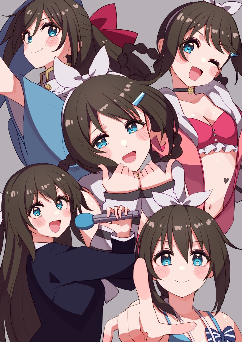 1girl absurdres bikini birthday blue_eyes blush breasts brown_hair cleavage collarbone commentary cream_(nipakupa) grey_background hair_down highres holding holding_microphone long_hair looking_at_viewer love_live! love_live!_nijigasaki_high_school_idol_club love_live!_nijigasaki_high_school_idol_club_the_movie_-_finale microphone multiple_views osaka_shizuku small_breasts swimsuit upper_body