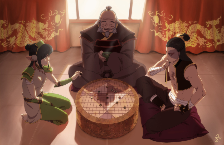 1girl 2boys avatar:_the_last_airbender avatar_legends balding barefoot beard black_hair blind burn_scar closed_eyes cup curtains facial_hair grey_hair hair_bun hairband hand_on_own_chin holding holding_cup indoors iroh long_hair multiple_boys old old_man open_mouth pants pillow playing_games rogie_custodio scar scar_on_face signature single_hair_bun sitting smile steam toph_beifong topknot uncle_and_nephew window yellow_eyes zuko