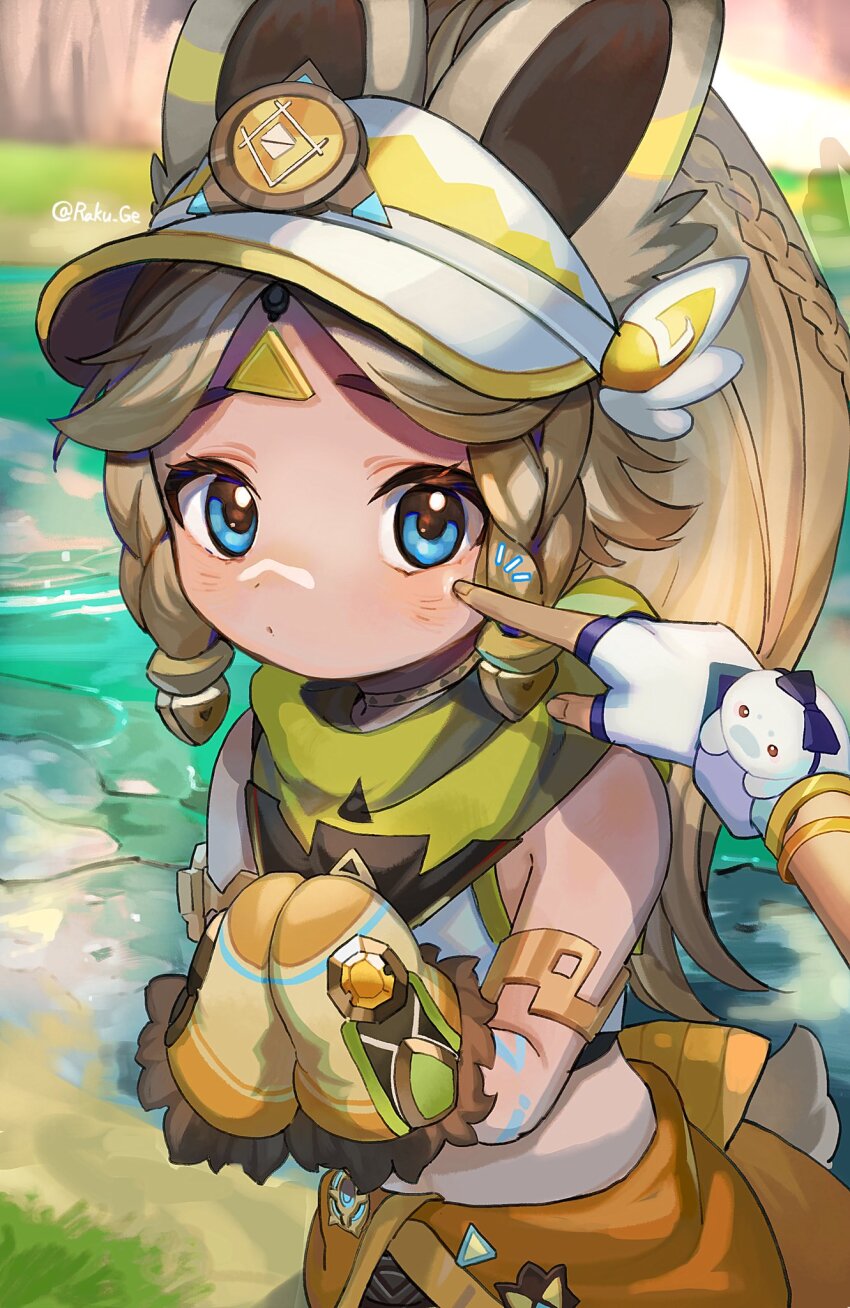 2girls animal_ears blonde_hair blue_eyes blush braid cheek_poking chinchilla_ears chinchilla_girl chinchilla_tail closed_mouth commentary_request crop_top dark-skinned_female dark_skin fingerless_gloves genshin_impact gloves hat highres kachina_(genshin_impact) long_hair looking_at_viewer mittens mualani_(genshin_impact) multiple_girls nakura_hakuto outdoors own_hands_together poking ponytail side_braids solo_focus tail visor_cap water