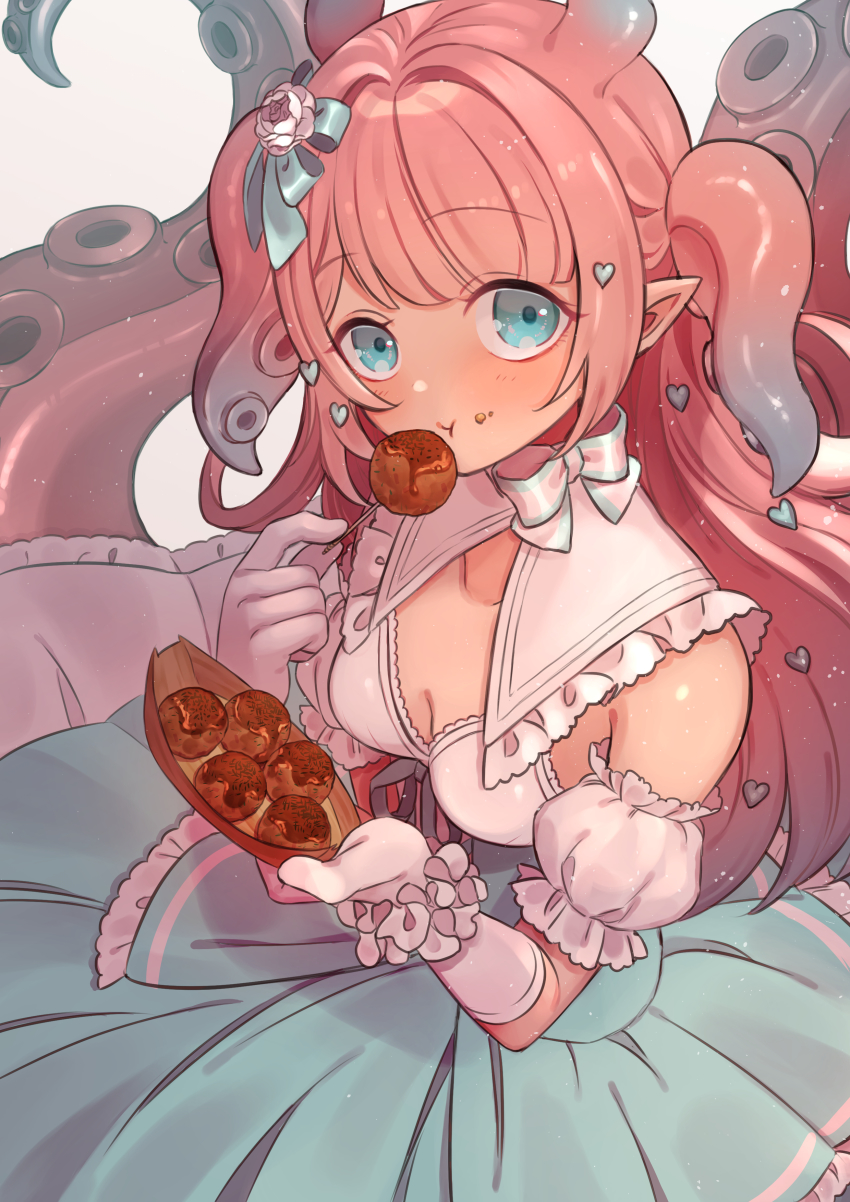 1girl :t absurdres blue_eyes borrowed_character breasts bun_(jewd5385) chewing circle_skirt cleavage commission detached_collar detached_sleeves eating flower food frilled_gloves frills gloves hair_flower hair_ornament heart heart_hair_ornament highres long_hair long_skirt looking_at_viewer medium_breasts original pink_hair pointy_ears puffy_short_sleeves puffy_sleeves short_sleeves skeb_commission skirt solo takoyaki tentacle_hair tentacles two_side_up white_gloves