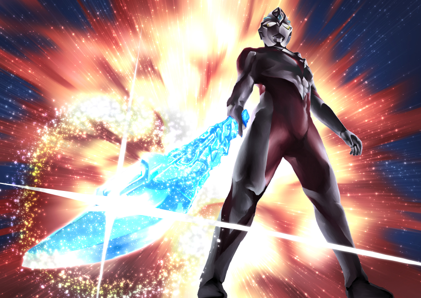 1boy absurdres alien arc_eye_sword blue_gemstone colored_skin commentary_request dark_background explosion explosion_background forehead_jewel gem glowing glowing_sword glowing_weapon highres holding holding_sword holding_weapon light_particles looking_ahead male_focus multicolored_skin muscular muscular_male no_pupils red_skin silver_skin solo sparkle sword tihiro tokusatsu ultra_series ultraman_arc ultraman_arc_(series) weapon yellow_eyes