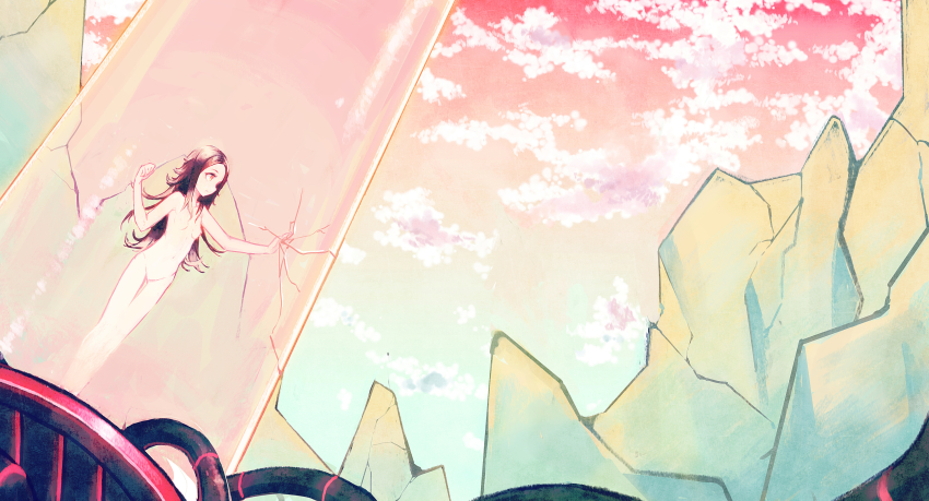 1girl bad_id bad_pixiv_id breasts brown_hair cloud cloudy_sky crack cracked_shell curly_hair destruction dutch_angle female_focus glass groin highres knocking long_hair midriff navel nude orange_eyes original pillar rock ruins sky small_breasts solo standing stomach thigh_gap zombie_neko