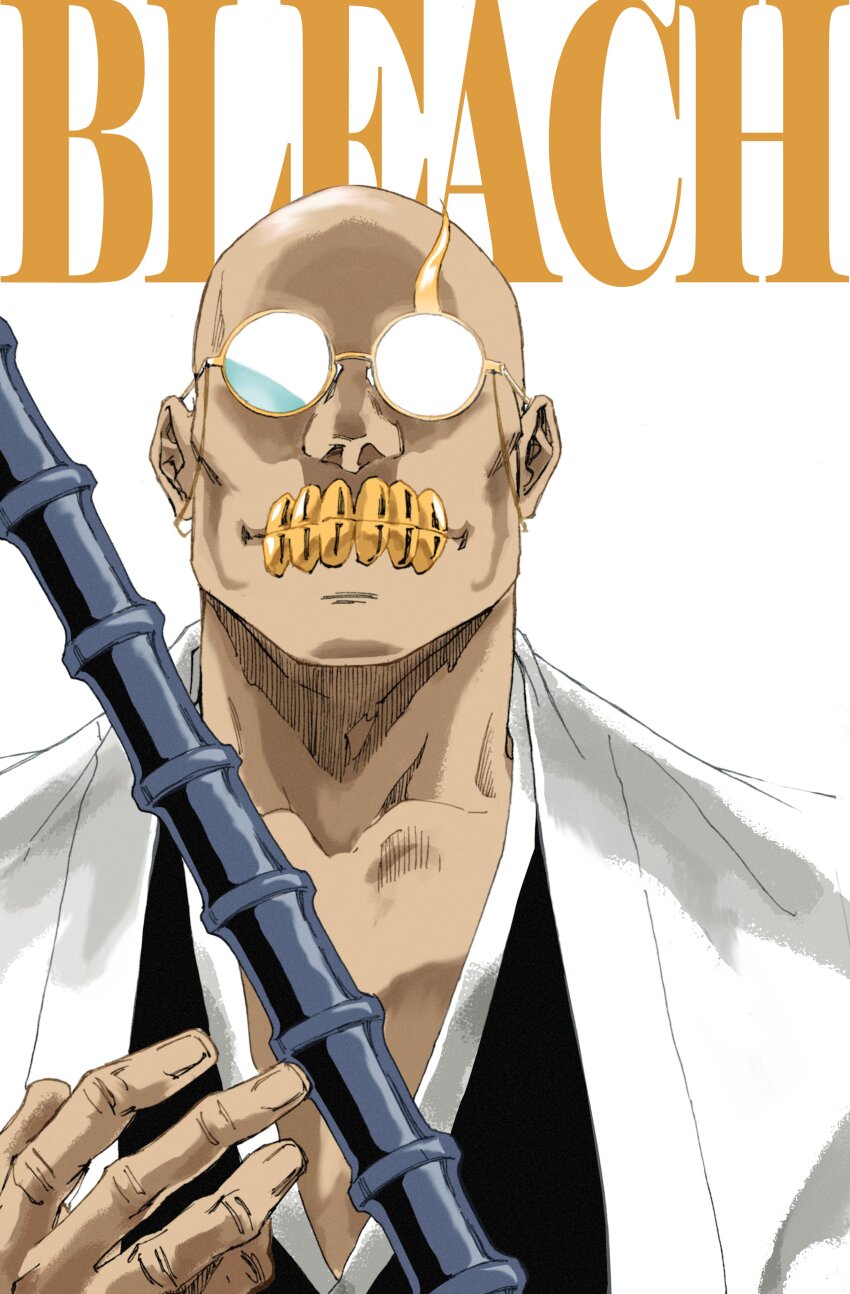 1boy absurdres bald bleach bleach:_sennen_kessen-hen closed_mouth colored_teeth commentary copyright_name english_commentary facing_viewer glasses haori highres japanese_clothes kubo_tite_(style) kumoi_entetsu light_smile male_focus mature_male official_style opaque_glasses orange_teeth pedrozox2093 round_eyewear simple_background solo sunken_cheeks taichou_haori upper_body white_background yellow_teeth