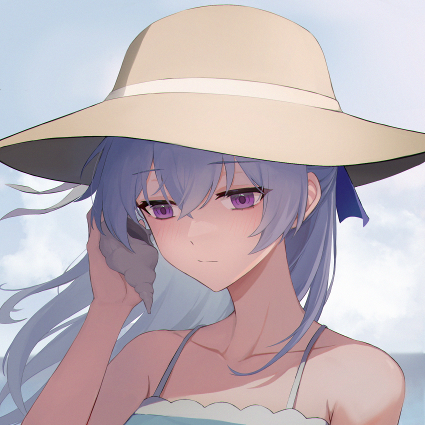 1girl :/ bare_shoulders closed_mouth collarbone darker_than_black day dress expressionless floating_hair grey_hair hair_between_eyes hat highres holding holding_shell ku_qiao_kujo light_blush light_purple_hair listening long_hair looking_afar looking_down outdoors portrait purple_eyes seashell shell shell_to_ear sleeveless sleeveless_dress solo sun_hat wind yin_(darker_than_black)
