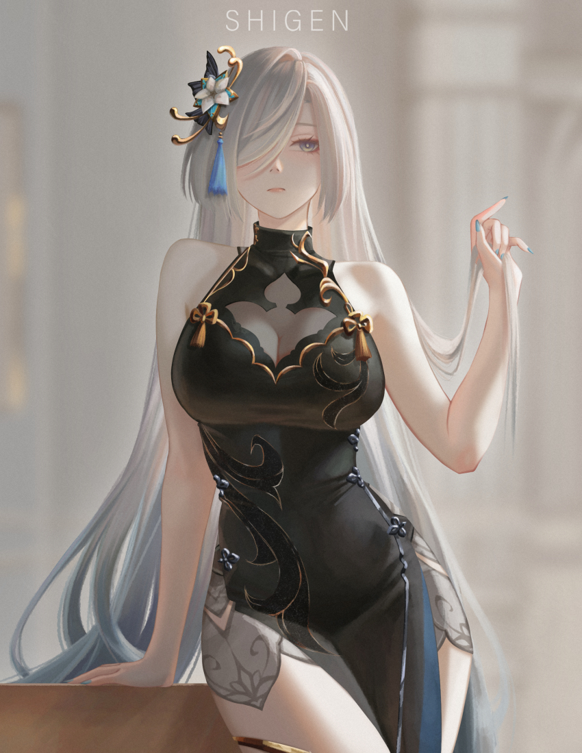 1girl absurdres artist_name black_dress blue_nails breasts cleavage closed_mouth commentary cowboy_shot dress fingernails genshin_impact grey_eyes grey_hair hair_ornament hair_over_one_eye hand_up highres large_breasts long_hair nail_polish official_alternate_costume pelvic_curtain see-through_cleavage see-through_clothes shenhe_(frostflower_dew)_(genshin_impact) shenhe_(genshin_impact) shigenmoshi sleeveless sleeveless_dress solo tassel tassel_hair_ornament very_long_hair