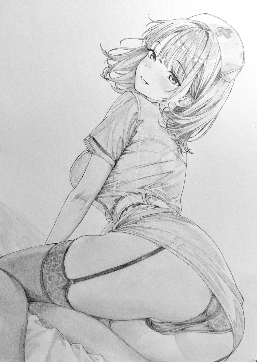1girl absurdres ass belt blush breasts commentary_request crotch_seam dress dutch_angle from_behind from_below garter_straps graphite_(medium) greyscale hat highres large_breasts lensia long_hair looking_at_viewer looking_back medium_hair microdress monochrome nurse_cap on_bed original panties partially_visible_vulva short_sleeves smile solo thighhighs traditional_media turning_head underwear very_long_hair wispy_bangs