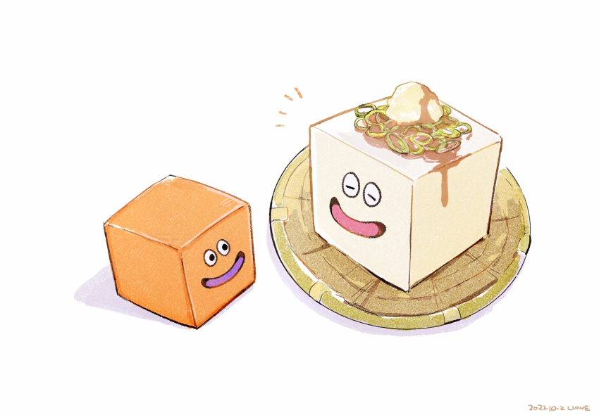 artist_name black_eyes box_slime closed_mouth commentary_request dated dragon_quest food food_on_head highres linne_(hld_doreko) looking_at_another no_humans object_on_head open_mouth simple_background slime_(creature) smile tofu tray white_background