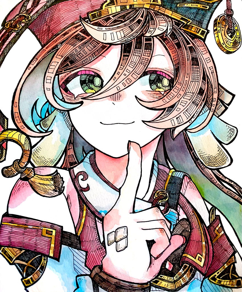:3 absurdres antlers collared_shirt crosshatching detached_sleeves finger_to_mouth genshin_impact gradient_hair green_eyes hair_between_eyes hand_jewel hat hatching_(texture) highres horns looking_to_the_side multicolored_hair nail_polish orange_hair puffy_detached_sleeves puffy_sleeves setsu_o_o shirt simple_background sleeveless traditional_media upper_body white_background xiezhi_guan yanfei_(genshin_impact)