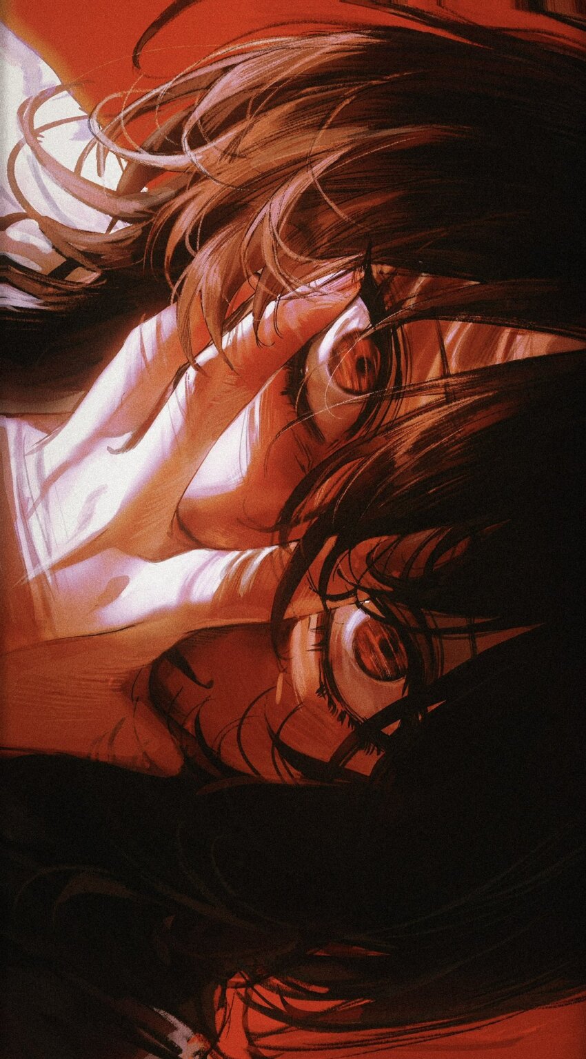 1girl agnes_tachyon_(umamusume) brown_hair close-up commentary covering_own_mouth eye_focus fingernails hair_between_eyes hand_on_own_face hand_over_face hand_up highres horse_girl looking_at_viewer medium_hair messy_hair red_background red_eyes seapall shadow sideways simple_background solo umamusume