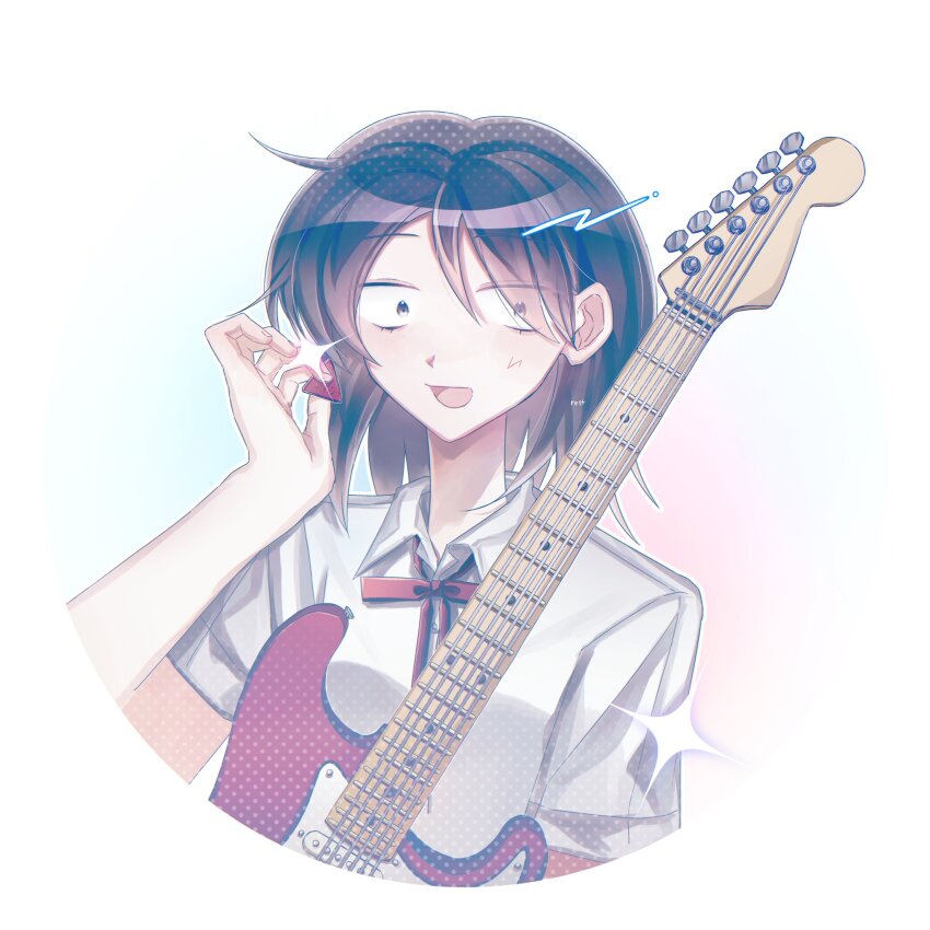1girl :d black_eyes black_hair collared_shirt commentary_request cropped_torso dress_shirt electric_guitar futsuu_no_keion-bu guitar hatono_chihiro highres holding holding_plectrum i807su1 instrument medium_hair neck_ribbon open_mouth plectrum red_ribbon ribbon shirt short_sleeves smile solo summer_uniform white_shirt wing_collar