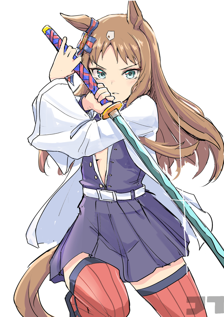 1girl absurdres animal_ears belt blue_eyes brown_hair demon_slayer_uniform grass_wonder_(umamusume) haori highres holding holding_sword holding_weapon horse_ears horse_girl horse_tail japanese_clothes jtleeklm kimetsu_no_yaiba long_hair long_sleeves looking_at_viewer multicolored_hair pleated_skirt shirt simple_background skirt solo sword tail thighhighs umamusume very_long_hair weapon white_background white_belt white_shirt