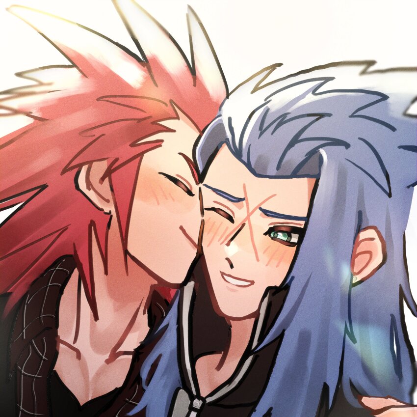 2boys axel_(kingdom_hearts) blue_hair blush closed_eyes cross_scar green_eyes hand_on_another&#039;s_shoulder highres kingdom_hearts kingdom_hearts_iii male_focus multiple_boys nuzzle one_eye_closed red_hair saix scar scar_on_face smile spiked_hair squidkid528 white_background yaoi